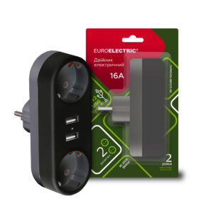 Мережевий двійник із заземленням X2, 16A, 2хUSB чорний EUROELECTRIC